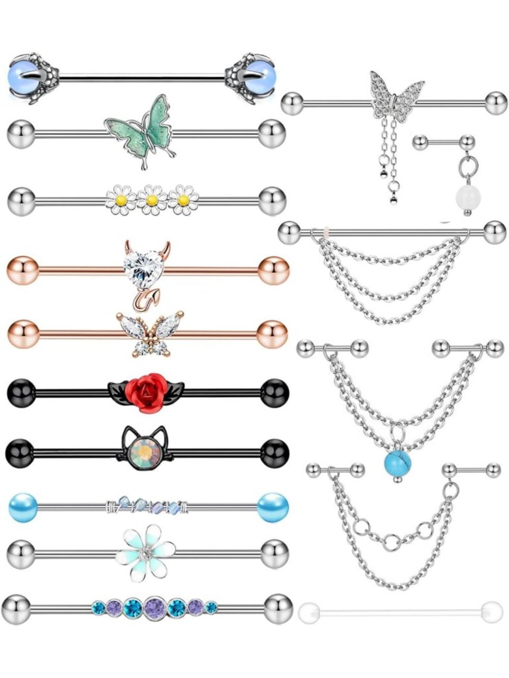 14G Stainless Steel Industrial Piercing Earrings with Chain Dangle for Men